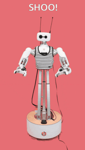 a robot with the word shoo written on it