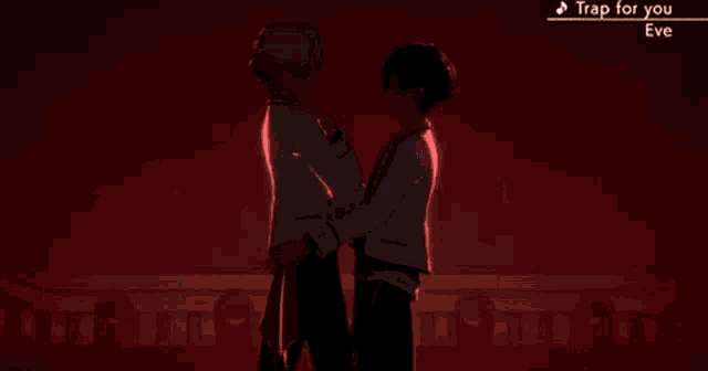 two anime characters are hugging each other in a video game called trap for you eve