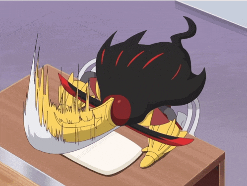 a cartoon character is laying on a table with a sword in his mouth