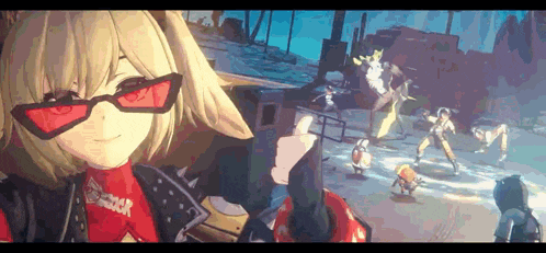 a girl wearing red sunglasses is holding a gun in front of a group of people in a video game .
