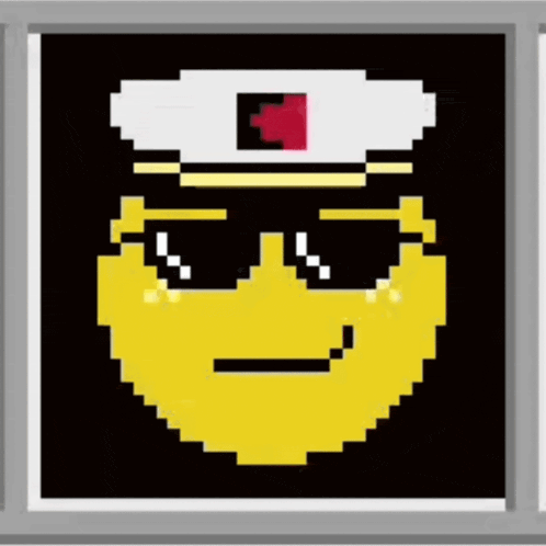 a pixel art of a yellow smiley face wearing sunglasses and a hat .