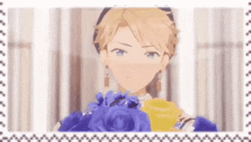 a 3d anime character is holding a bouquet of flowers .