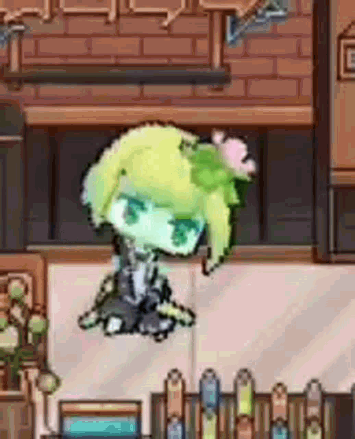 a pixel art of a girl with green hair and a flower in her hair is sitting in a room .