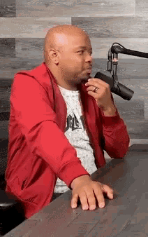 a man in a red jacket is sitting at a table with a microphone