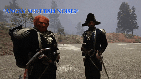 two men standing next to each other with angry scottish noises written on the bottom