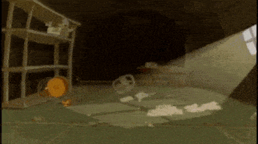 a cartoon drawing of a room with a fan and papers on the floor