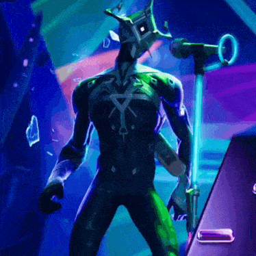 a cartoon character is standing in front of a microphone with a key on his head