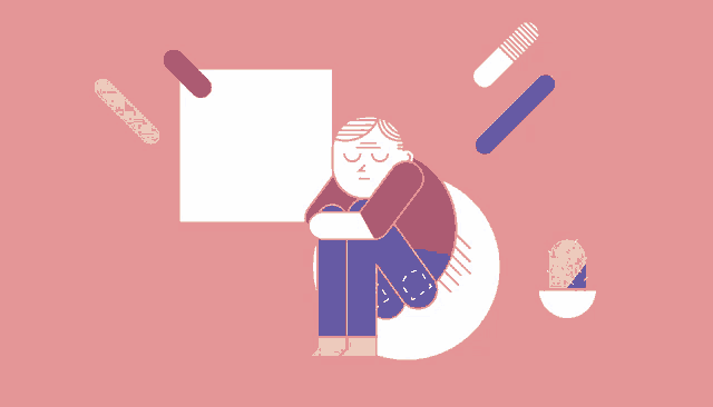 an illustration of a person hugging their knees and a cactus