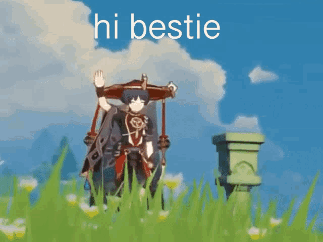 a cartoon character is standing in a field with the words hi bestie above him