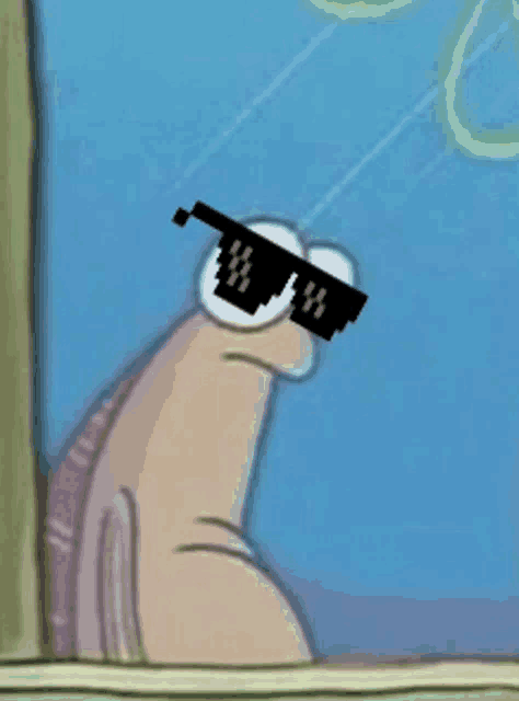 a cartoon snail wearing sunglasses is looking out of a window