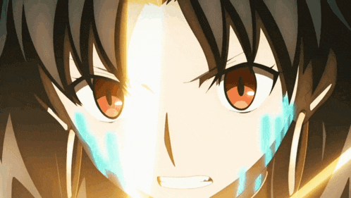 a close up of a anime character 's face with red eyes