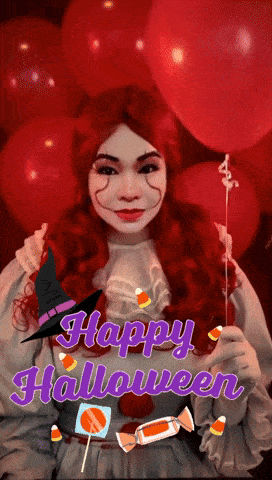a woman in a clown costume is holding candy corn and a witch hat with the words happy halloween below her