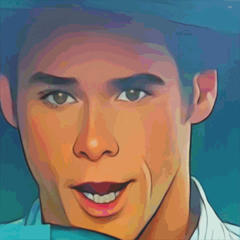 a cartoon drawing of a young man with his hand on his chin