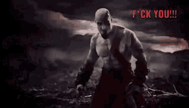 a close up of a zombie 's face with blood on it and the words `` f * ck you '' written in red .