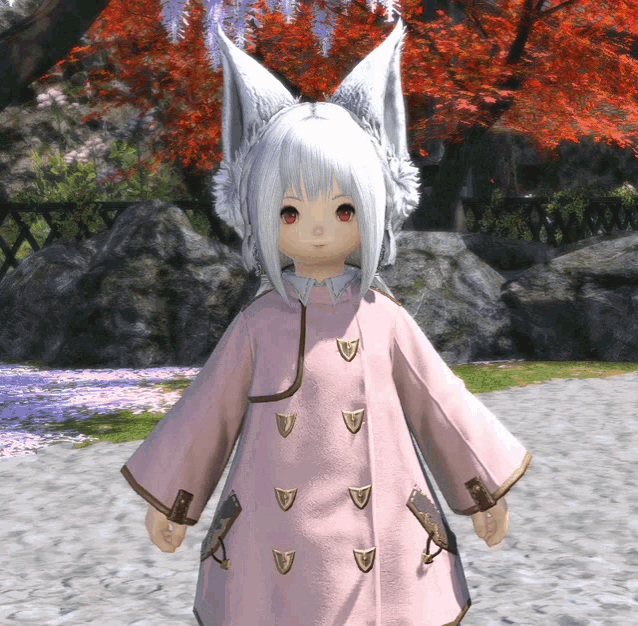a little girl with white hair and red eyes is wearing a pink coat with gold buttons