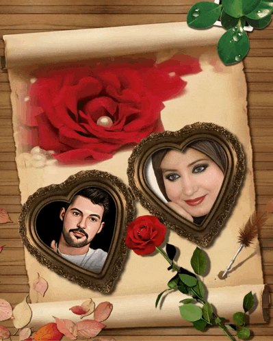 a picture of a man and a woman in heart shaped frames on a scroll