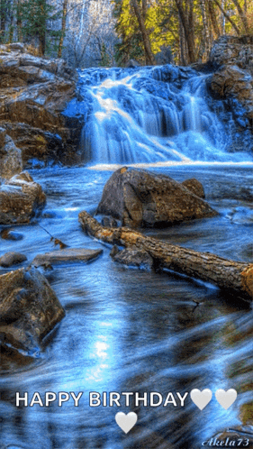 a picture of a waterfall with the words happy birthday written on it