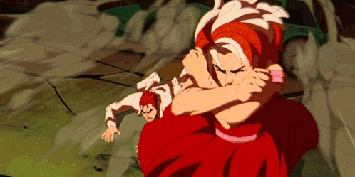 a cartoon of a woman in a red dress fighting a man in a white shirt