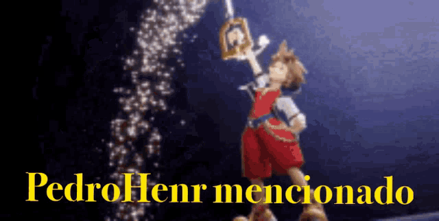 a pedro henr mencionado poster with a cartoon character holding a sword
