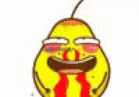 a cartoon of a pear with blood coming out of it 's mouth .