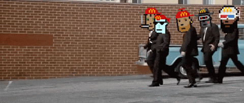 a group of cartoon characters wearing mcdonald 's hats walk down a street