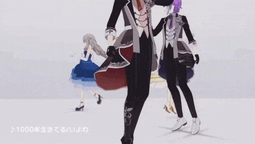 a group of anime characters are dancing in front of a purple background
