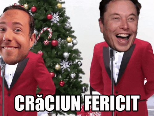 a man in a red suit stands in front of a christmas tree with the words craciun fericit on the bottom