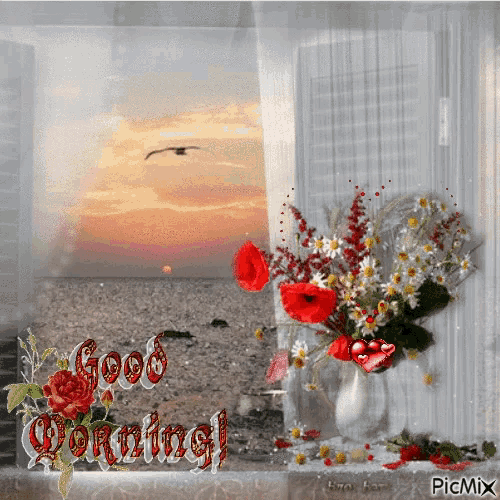 a picture of a window with flowers and the words good morning written on it