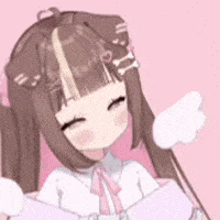 a cute anime girl with long brown hair and wings is sitting on a pink chair .