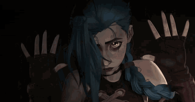 a girl with blue hair and black gloves holds her hands up in the air