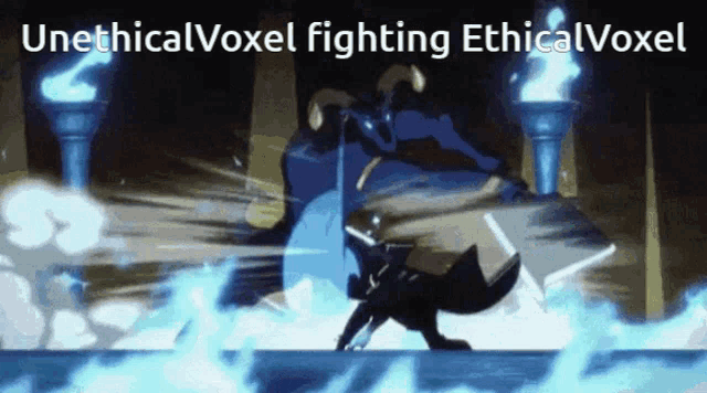 a cartoon of a man fighting a monster with the words unethicalvoxel fighting ethicalvoxel below it