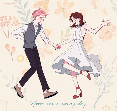 a drawing of a man and a woman dancing with the words never was a cloudy day