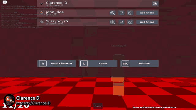 a screen shot of a video game with clarence d on the bottom right