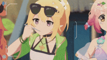 a girl wearing sunglasses is holding a straw in her mouth while another girl looks on
