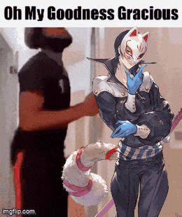 a man in a mask is standing next to a woman in a cat mask with the words oh my goodness gracious on the bottom