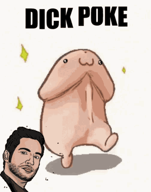 a man with a beard is next to a cartoon penis that says " dick poke "
