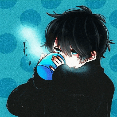a drawing of a boy drinking from a blue cup with the letter e on it