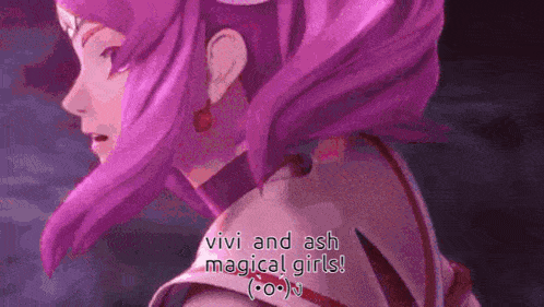a video game character with purple hair and the words vivi and ash magical girls .