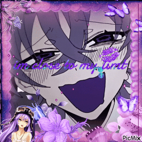 a picture of a girl with purple hair is surrounded by purple flowers