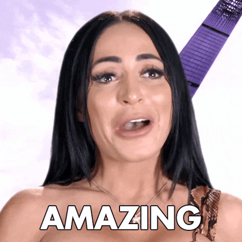 a woman with a surprised look on her face and the word amazing in white