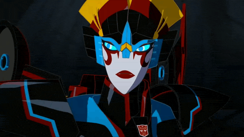 a cartoon drawing of a robot with a red s on her face