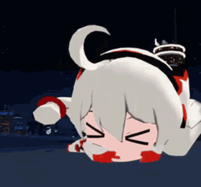 a cartoon character is laying on the ground with her eyes closed and a tower in the background