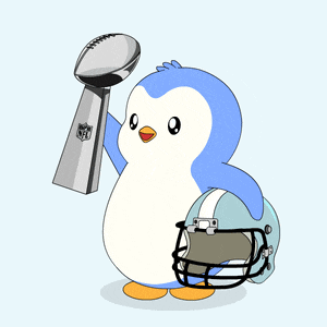 a cartoon penguin holding a super bowl trophy