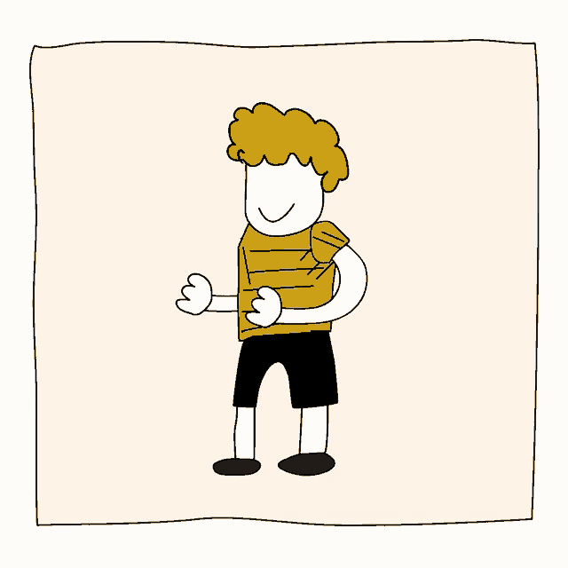 a cartoon drawing of a man wearing a yellow striped shirt and black shorts