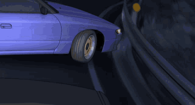 a purple car is driving down a road with a yellow tire