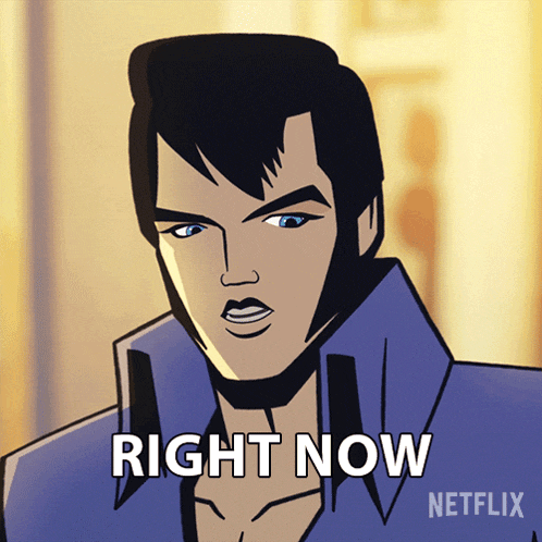a cartoon of elvis presley with the caption right now