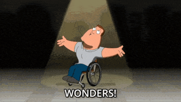 a cartoon of a man in a wheelchair with the words wonders behind him