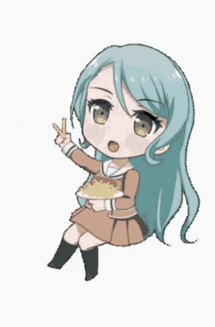 a girl with green eyes is holding a plate of food in her hand
