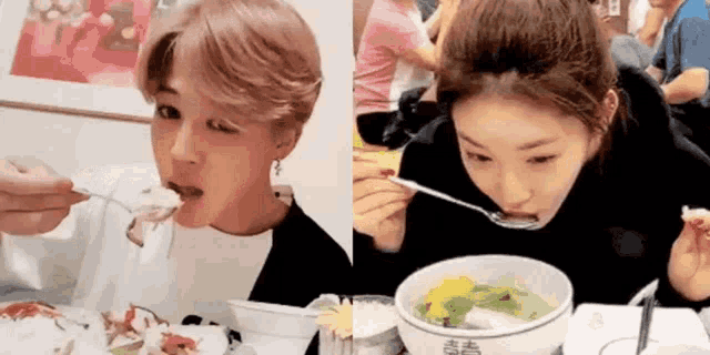 a man and a woman are sitting at a table eating food with spoons .