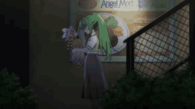 a girl with green hair is standing in front of a sign that says angel mart